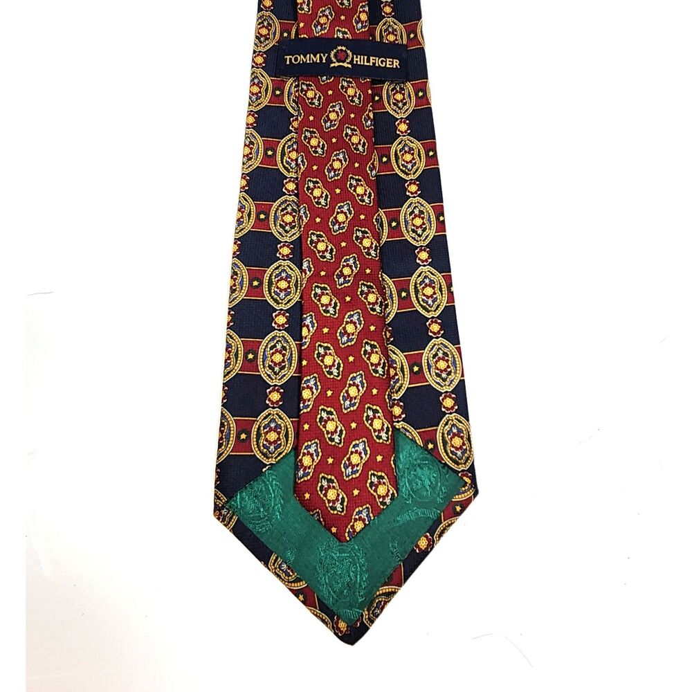 Men's Silk Tie Tommy Hilfiger Blue Red Gold Medallions 4in. wide 57 in. Long - Picture 2 of 5